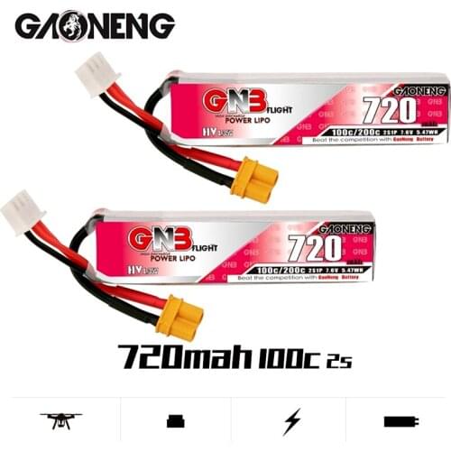 2Pcs/Set GAONENG GNB HV Lipo Battery 7.6V 2S 720mAh 100C/200C XT30U-F Plug for RC FPV Whoop Frame Kit Tinywhoop Racing Drone