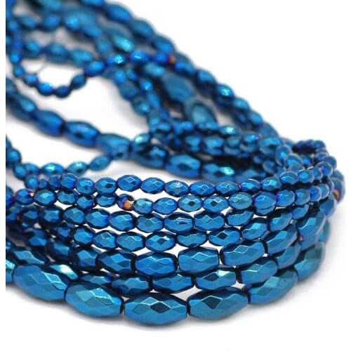 3/4/5/6MM Blue Faceted Rice Grains Shape Natural Hematite Stone Oval Spacer Loose Beads For Jewelry Making DIY Bracelet Findings