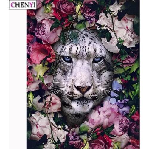 5D Diy Diamond Painting Leopard and Flowers Picture By Number Full Diamond Embroidery Cross Stitch Rhinestones Craft Home Decor