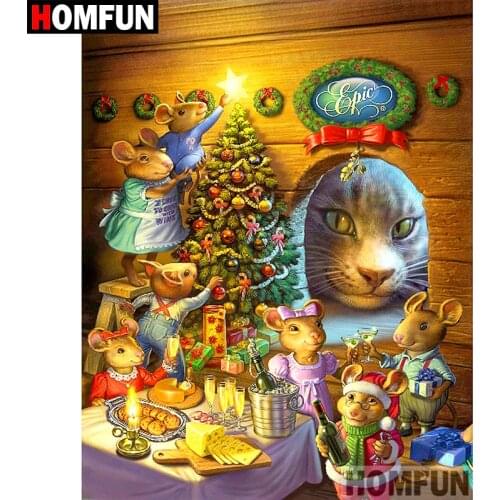 HOMFUN Full Square/Round Drill 5D DIY Diamond Painting "Christmas cat mouse" 3D Embroidery Cross Stitch 5D Home Decor A15072