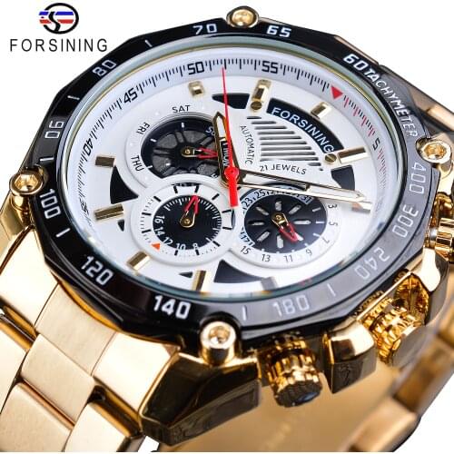 Forsining Fashion Men Sport Watch Automatic Multifunction Waterproof Date Golden Steel Band Mechanical Wrist Clock Horloges Gift