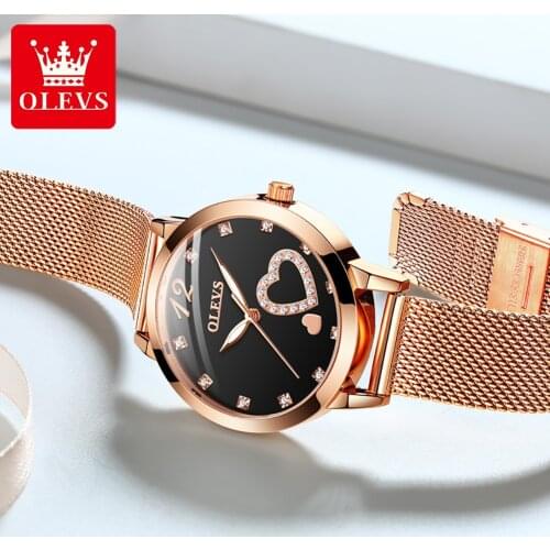 OLEVS Top Brand Womens Watches Luxury Casual Fashion Watch Women Quartz Waterproof Clock Mesh belt Black dial Ladies Wristwatch