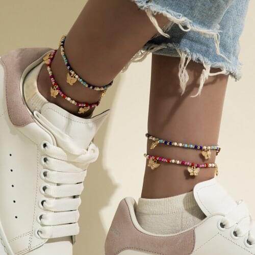European and American pastoral vintage jewelry color CCB rice bead anklet simple and fresh mix and match butterfly foot ornament
