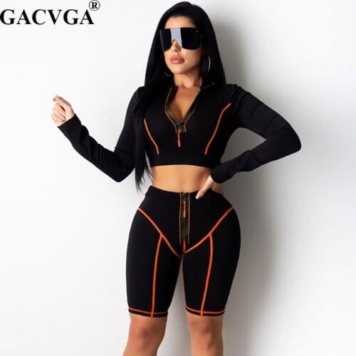 GACVGA 2020 Black Sexy Women Sportswear Elastic Long Sleeve Sexy Crop Tops Skinny Short Pant Two Piece Set Basic Biker Tracksuit