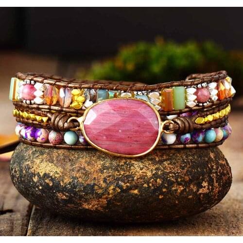Leather Wrap Bracelet W/ Stones Multi Color Natural Beads Crystal Weaving Statement Art Bracelet Gifts
