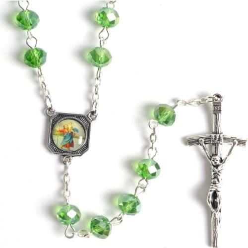 Fashion Round Faceted Transparent Green Crystal Beads Jesus and St Christopher Rosary Necklace