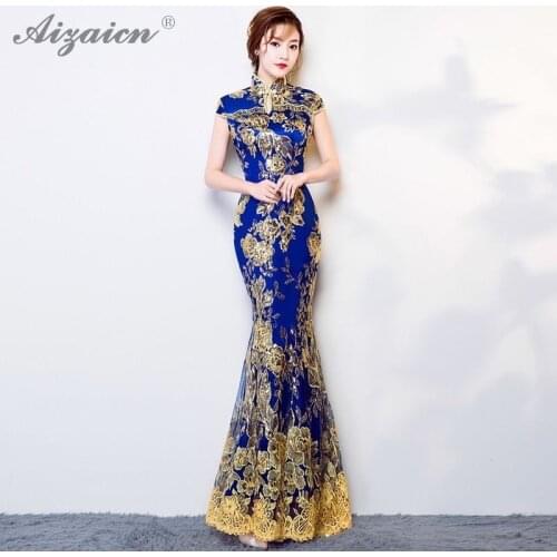 Fashion Sequins Lace Embroidery Cheongsam Long Mermaid Evening Dress Stage Show Qi Pao Chinese Traditional Clothing Red Robe