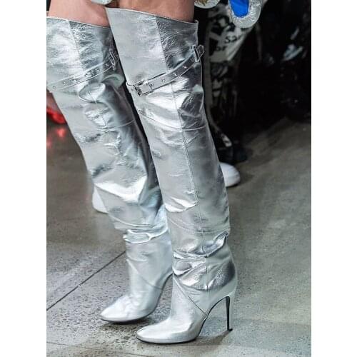 Moraima Snc Fashion Silver Leather High Heel Boots Runway Over the Knee Thigh High Boots Thin Heels Long Boots Green Purple