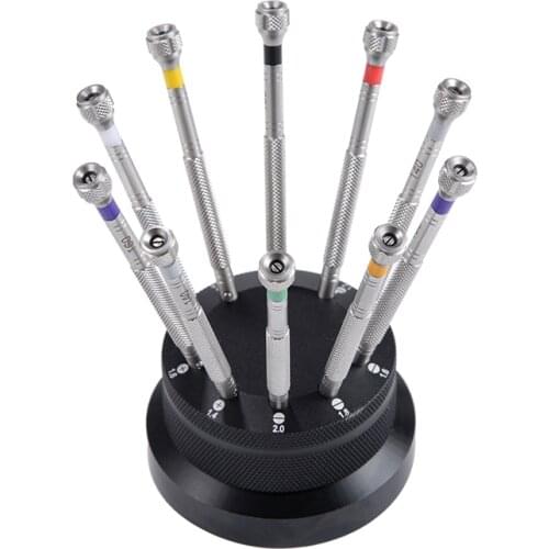10 Piece Miniature Watch and Jewelry Screwdriver Set on Rotating Stand Stainless Steel for Watchmakers