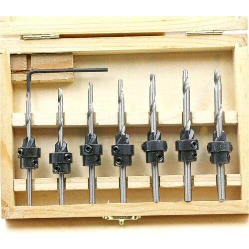 7pcs Countersink Drill Set 1/8" 9/64" 5/32" 11/64" 3/16" 13/64" 7/32" Woodworking Drill +1pc Small Wrench Wood Box