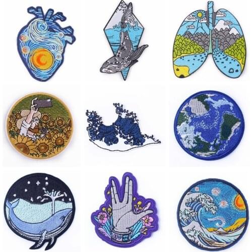 Van Gogh Heart Embroidered Patch For Clothing Iron On DIY Embroidery Whale Wave Patches For Clothes Appliques For T-shirt Badge