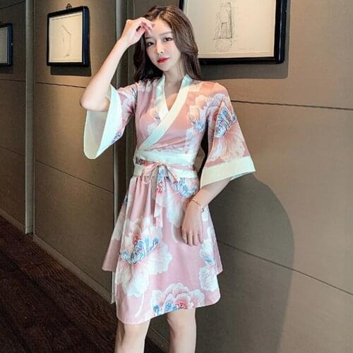 Kimono Pajamas Japanese Style Floral Printing V-Neck Loose Sleeve High Waist Bow Lacing Satin Thin Yukata Sauna Steaming Clothes