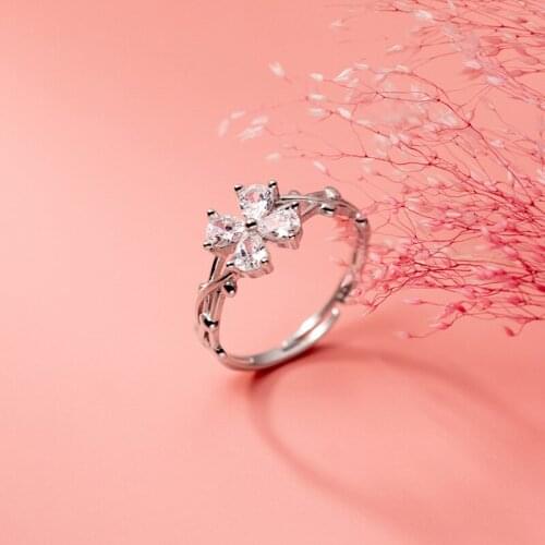 Adjustable Silver Rings 925 Sterling On Fingers Four-Leaf Flower Vine Women Clover Sweet Zircon Female Girlfriend Gift J8572