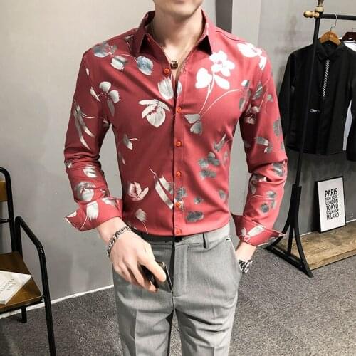 High Quality Social Men Bronzing Floral Printed Shirt Summer Casual Slim Fit Long Sleeve Brand Shirt Luxury Chic Blouse Chemise