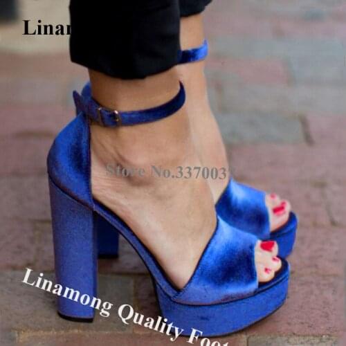 Linamong Luxurious Peep Toe High Platform Chunky Heel Sandals Blue Red Grey Velvet Ankle Straps High Heel Chunky Heel Sandals