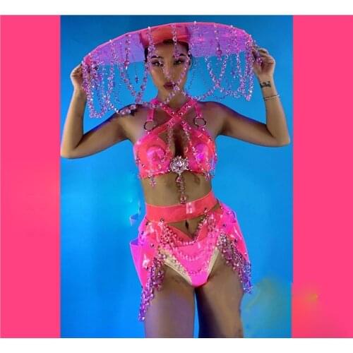 Sexy Pink gogo costume transparent crystal pendant headwear girl nightclub stage dance team costumes