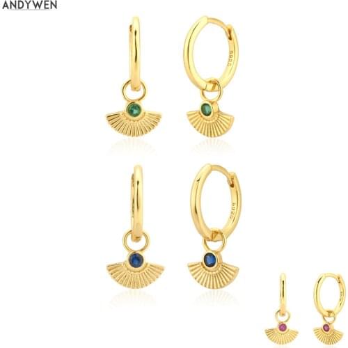 ANDYWEN 925 Sterling Silver Three Zircon Green Blue Rose Red Scallop Pendant Drop Earring Fashion Jewelry CZ Party Wedding Jewel