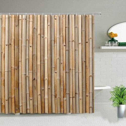 Chinese Style Green Bamboo Shower Curtain Wood Grain Pattern Starfish Shell Bathroom Waterproof Fabric Bath Screen with Hooks