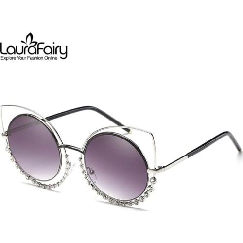 Laura Fairy Fashion Double Frame Cateye Sunglasses Women Luxury Rhinestone Decoration Frame Sunglasses oculos feminino 2018
