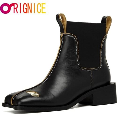 Orignice British Style Women Cow Leather Chelsea Ankle Boots Special Shaped Toe Comfy Low Heels Sewing Student Casual Shoes