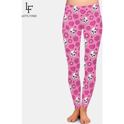 LETSFIND 3D Flowers Skull and Heart Print Women Pants Fashion High Waist Plus Size Soft and Comfortable Fitness Elastic Leggings