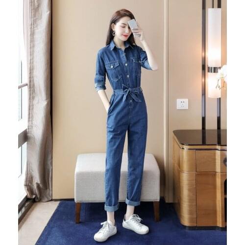 Women 2021 Spring Autumn New Fashion Denim Jumpsuits & Rompers Female Casual Fashion Pockets Empire Pant with Belt Playsuit Y155