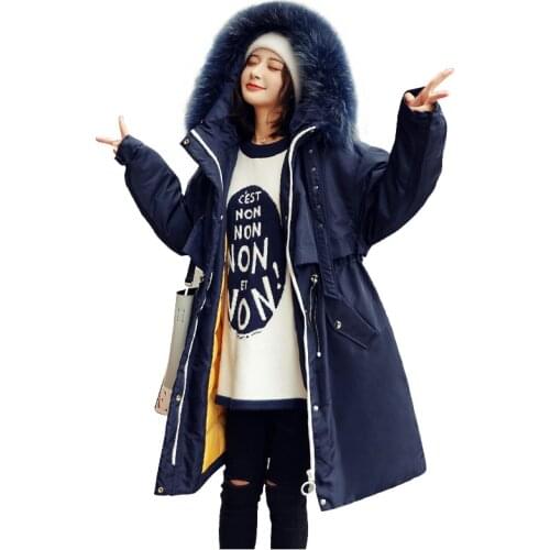 New Korean winter fashion fit mid length large wool collar waistband and knee navy blue female color down-filled coat
