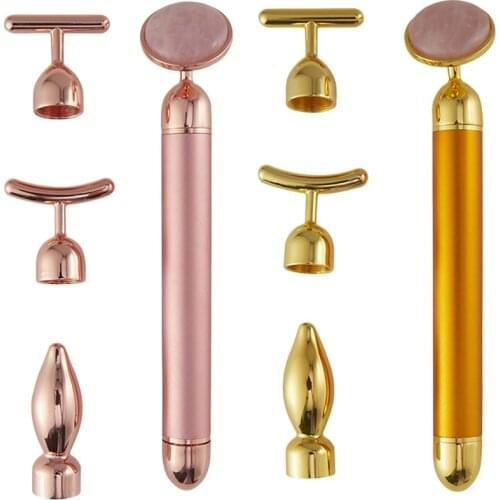 4 In 1 Electric Jade Roller Slimming Face Massage Lifting Vibrating Natural Rose Quartz Jade Roller Stone Facial Skin Care Tool