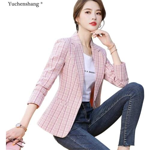 Woman Pink Apricot Plaid Blazer Autumn Winter Outwear Casual Jackets Female Slim Single Button Coat For Girl S-4XL
