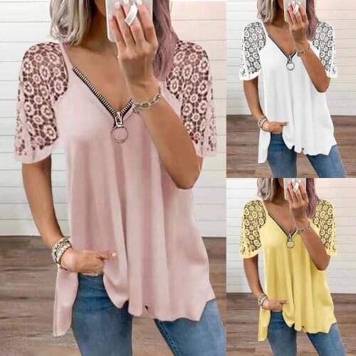 Lace Stitching Blouses Fashion Womens Sexy V-neck Collar Zipper Solid Short Sleeve Fold Casual Tops Elegant Blouses 2021 New