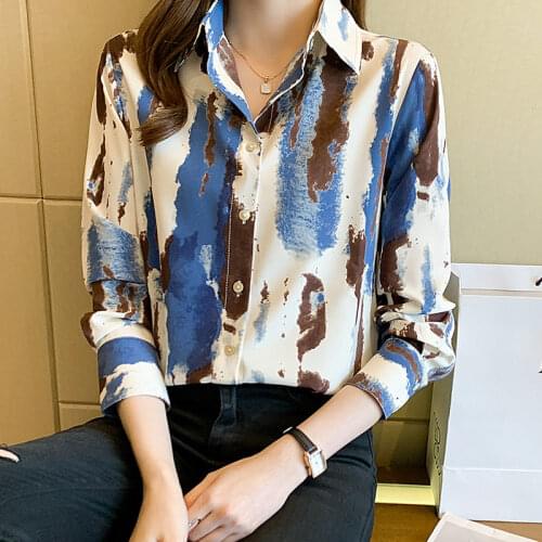 Retro Printed Shirt Female Design Tops 2021 Spring And Autumn French Lazy Wind Single Breasted Long Sleeve Chiffon Blouse M229