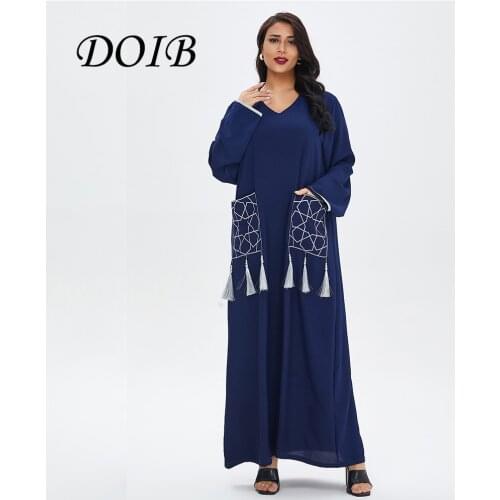DOIB Women Navy Blue Abaya Long Robe Dubai Muslim Arabic Dress Turkey Islam Ramadan Eid Tassel Robe Longue Musulman Kafan Dress