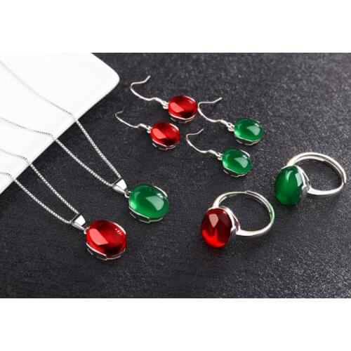 Red Agate Gem Green jade Pith set three pieces set retro ring necklace pendant Earring Female Court Korea minimalism