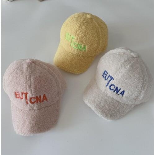 Korean Children Lamb Fur Caps Toddler Baby Letters Hat Autumn Winter Embroidery Boys and Girls All-match Plush Baseball Caps