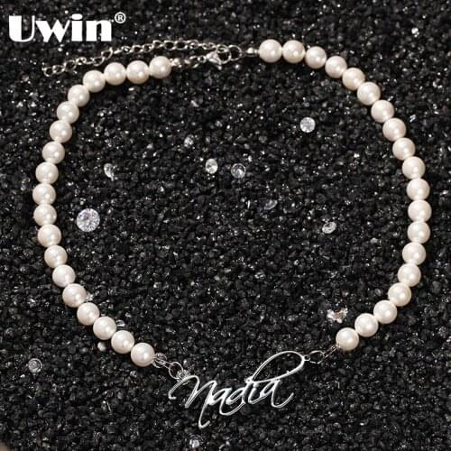Uwin Round Pearl Necklace with Custom Art Font Pendant Zircon Miami Chains for Women Fashion Jewelry Vacation Accessories
