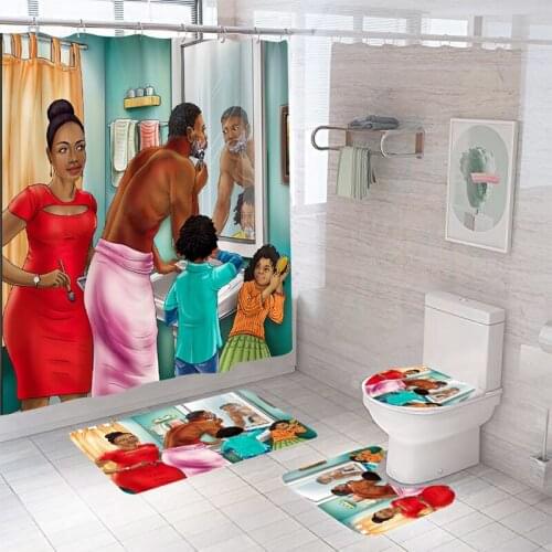 MLGB American Happy Family Print Shower Curtain Polyester Waterproof Bathroom Curtains Bath Rug Carpet Anti-Slip Mat Set