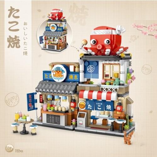 Japanese City Street View Model Building Blocks Shaved Ice Shop Figures Bricks Set Takoyaki Shop Educational Toys for Children