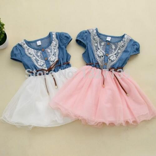Details about Fashion Girls Kids Princess Flower Lace Denim Tulle Short Sleeve Summer Dress