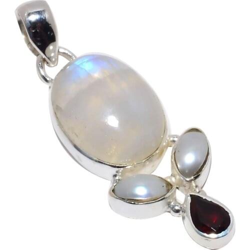 Nature Rainbow Moonstone + Garnet Pendant 925 Sterling Silver, 45 mm, MHBAP5728