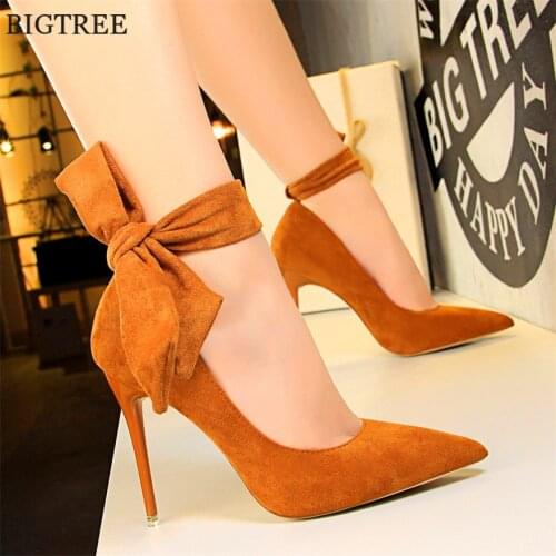 2021 New Classic Ankle Lace-Up Bowknot Woman Shoes Solid Flock Shallow High Heels Shoes Party Shoes Fashion Women Pumps 6 Colors