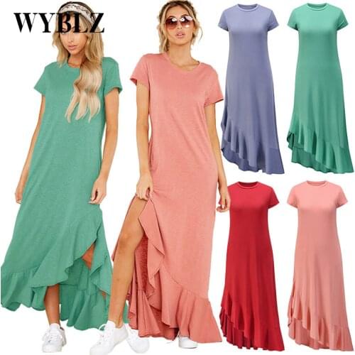 WYBLZ Summer New Casual Long Dress Elegant Solid O-neck Women Dress Loose Large Size Comfortable Irregular Dress for Women 2021