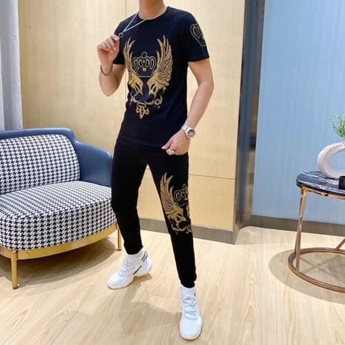 Summer European and American new fashion brand hot drill cotton mens short sleeve sports pants mens sportswear suits