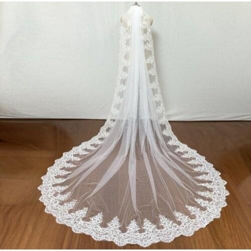 One Tier Lace Sequin Trim Ivory Wedding Veil Cathedral with Comb