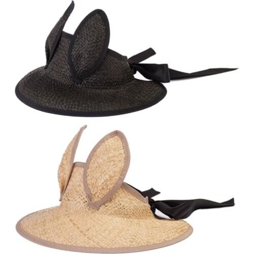 N7MF Straw-Braided Hat in Raffia Girls Summer Beach Vacation Sun-Proof Size Adjustable with Bunny Ear for Unisex