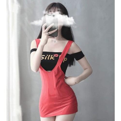 Hot Popular Sexy Lingerie One-Shoulder Short-Sleeved Letter Printing Strap Mpu Miniskirt Bag Hip Nightclub Tights Stage Suit