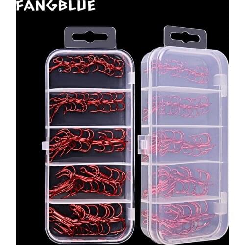 50Pcs/Box 2/4/6/8/10# Fishing Treble Hooks Barbed Red High Carbon Stainless SteeI Carp Fishing Accessories Tackle For Pike Bass
