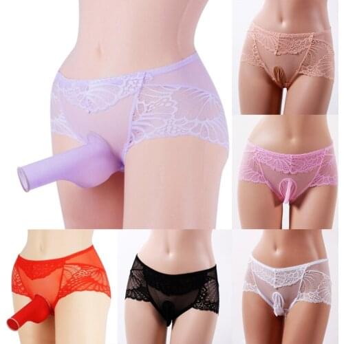 Sexy Adult Men Soft Sheer Lingerie Panties Floral Mesh Lace Shorts Underwear See Through Sissy Male Open Pouch Underpants