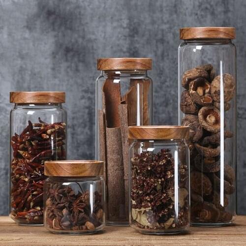 Wood Lid Glass Kitchen Storage Bottles Jars Food Container Grains Tea Coffee Beans Airtight Canister Grains Candy Jar Containers