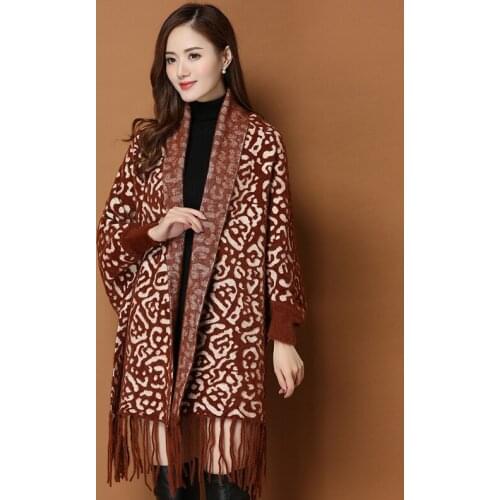 ZJZLL HIgh Quality Wrap Capes Retro Open Front Long Leopard Pattern Scarves Women Poncho Shawl Cashmere Sweater Cloak Coat Mujer