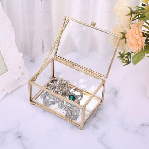 Rustic Wedding Ring Box Geometric Transparent Glass Jewelry Display Storage Hold M68E